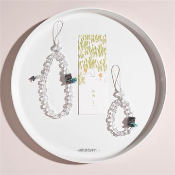 天然白水晶方糖串珠手機鏈掛繩ins風可愛黑曜石小熊純銀掛件掛飾