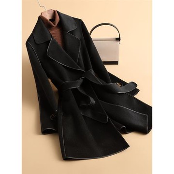 秋冬新款黑色雙面羊毛大衣女中長款系帶羊毛小個子毛呢子外套