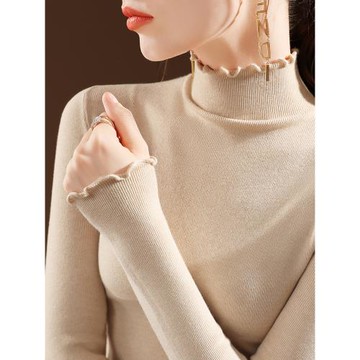 半高領打底衫女2025秋季新款設計感大碼內搭上衣木耳邊長袖針織衫