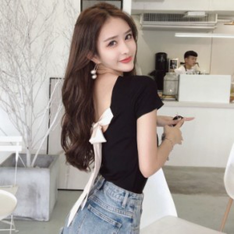 トップス ｔシャツ バックシャン リボン タイト 半袖 夏 かわいい 黒 白 赤 レディース フリーサイズ 24 通販 Lineポイント最大4 0 Get Lineショッピング