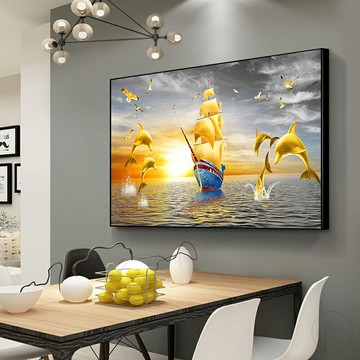 5d鉆石畫滿鉆新款餐廳一帆風順貼鉆十字繡鉆石繡2021客廳海豚大海