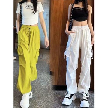 特大碼300斤速干休閑工裝褲女胖mm松緊腰口袋抽繩設計感闊腿長褲2