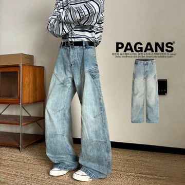 【PAGANS STORE】美式 復古 水洗 結構 工裝 側口袋 竹節紋 解構 設計 彎刀褲 牛仔褲 闊腿 牛仔 長褲