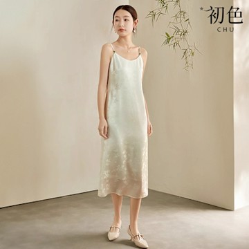 初色 度假風新中式氣質提花弧領無袖琉璃珠吊帶中長裙連衣裙連身洋裝-白色-11474(M-2XL可選)
