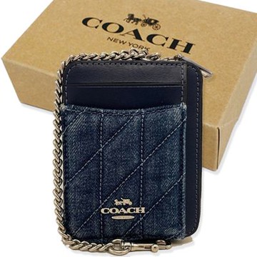 COACH 牛仔布絎縫菱格證件卡夾層鏈帶零錢包原廠禮盒(藍)