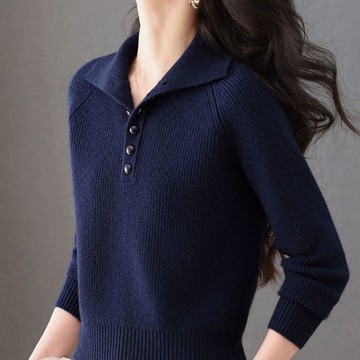 愛依依 針織衫 毛線衣 套頭 保暖 新款小個子短款翻領洋氣針織衫毛衣寬鬆針織打底上衣-12678.