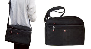 ~雪黛屋~OVER-LAND 肩側包中容量二層主袋+外袋共五層防水尼龍布+皮革材質中性肩背斜側輕巧多袋口T5089