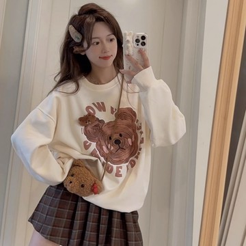 La Belleza甜美小熊立體毛絨小熊內裡加絨加厚百搭圓領保暖寬鬆衛衣附小熊背包