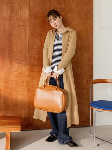 磨毛翻領開襟收腰長洋裝外罩(附腰帶)