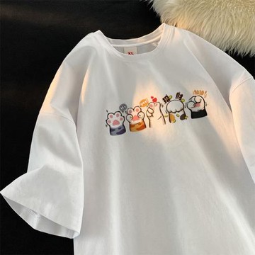 小眾貓爪子趣味情侶款寬松上衣夏潮牌港風純棉260g重磅t恤短袖男