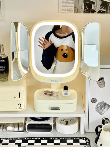 化妝鏡收納盒一體臺式桌面大號鏡子摺疊鏡臥室化妝臺LED燈化妝鏡