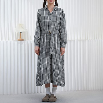 氣質格紋綁帶收腰洋裝122458C