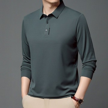 春秋新款男生時尚休閒簡約單色刺繡翻領長袖套頭T恤POLO衫