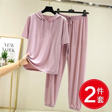 休閑兩件套女夏裝外穿薄款冰絲短袖連帽T恤休閑褲時尚寬松套裝