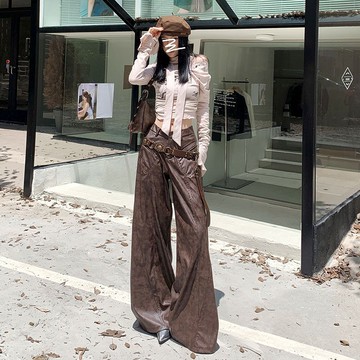 「5折特價 限時折扣」 顯瘦皮褲 潮酷闊腿褲子 皮褲女 直筒皮褲 歐美辣妹 皮褲 百搭 復古美式皮褲棕色pu20