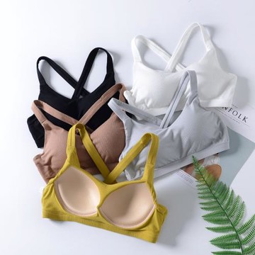 夏帶胸墊無鋼圈螺紋美背文胸抹胸運動瑜伽交叉肩帶防走光睡眠內衣