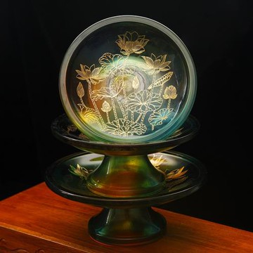 家用室內水果盤佛堂供佛觀音貢盤仿琉璃七彩綠色蓮花供盤果碟78寸