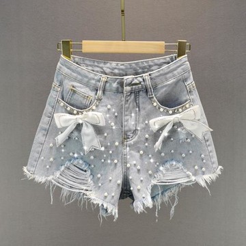 歐洲站釘珠鑲鉆牛仔短褲女2021夏季新款高腰顯瘦蝴蝶結破洞熱褲潮