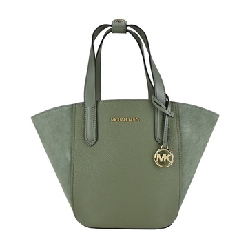 MICHAEL KORS MK絨面拼接皮革扇形手提/托特包-小/軍綠