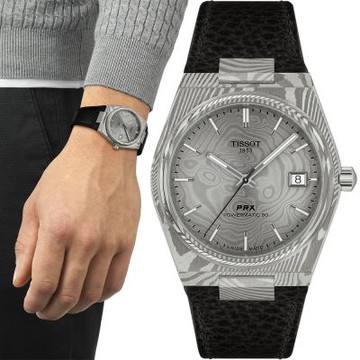 TISSOT 天梭 官方授權 T137.807.96.081.00 PRX系列 大馬士革鋼機械錶 新年開運 送禮推薦-銀x黑/38mm T1378079608100