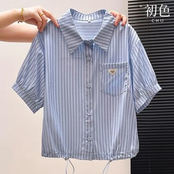 初色 通勤風翻領條紋短袖口袋下擺抽繩排釦襯衫上衣女上衣-共2色-51448(M-2XL可選)