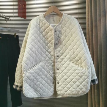 2023秋冬新款韓版復古圓領菱格棉服女寬松百搭設計感輕薄棉衣外套