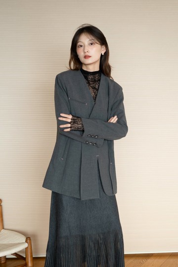 通勤優雅時尚設計感百搭干練無領西裝外套