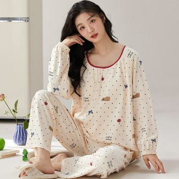 【藍尼居家】★薄款圓領棉質家居睡衣(女睡衣/家居服/舒適/兩件式)