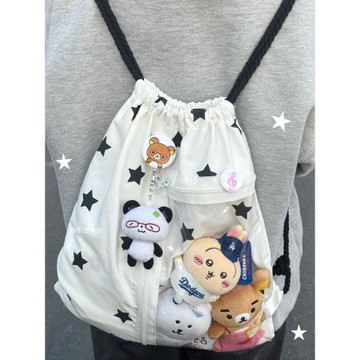不想失業原創白色星星抽繩痛包簡約百搭雙肩包大容量小眾追星背包