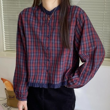 復古拼色格子圓領襯衣122128C