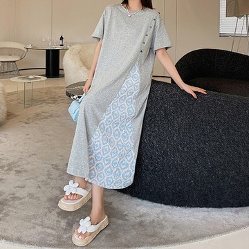 [米蘭精品] 連身裙 短袖洋裝-不規則拼接印花寬鬆女裙子2色74ci69