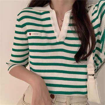 夏季港風條紋針織衫新款ins設計感小眾復古v領法式t恤上衣女