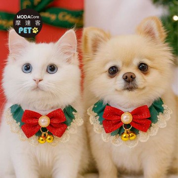摩達客寵物-耶誕宮廷風蕾絲紅蝴蝶結鈴鐺領巾-多尺寸可選_耶誕派對裝扮_中小型貓狗適用
