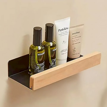 【德利生活】實木免打孔浴室置物架 免釘安裝 浴室收納好幫手  櫸木淺色/黑架  1個  20cm