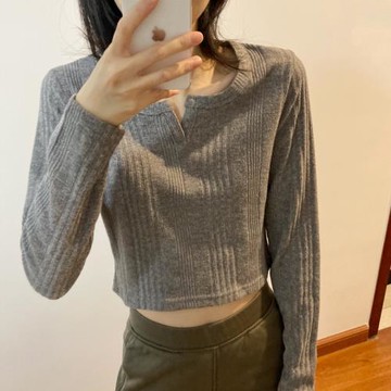 修身短款套頭T恤針織衫女日系甜辣長袖打底衫女時尚灰色毛衣小衫