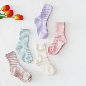 韓國連線 - (五入組)韓製兒童羅紋中筒襪-莫蘭迪-粉X紫