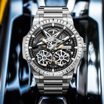 【GEYA 格雅】賽車系列 G78176G 雙面鏤空 夜光 不鏽鋼 機械 手錶