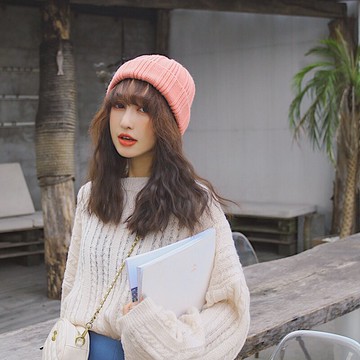 秋冬粗毛線針織帽粉色帽子女冬季韓版百搭潮地主帽瓜皮帽圓頂秋天1入