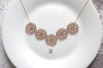 Tatting蕾絲與棉珠項鍊・摩卡棕