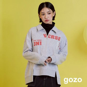 【gozo】標語造型剪接拉鍊polo領上衣(灰色/深咖_F) | 女裝 V領 休閒