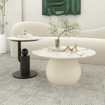 免運 開發票 簡約圓形茶幾意式輕奢現代巖板小戶型客廳家用奶油風大小茶桌組合 快速出貨