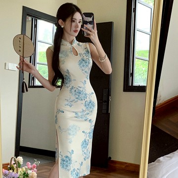 【隔日到】特價新款S-L 新中式國風無袖洋裝性感露肩掛脖印花緊身旗袍裙日常可穿禮服 年會聚會派對約會patty裝扮