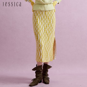 JESSICA - 亮麗獨特條紋羊毛針織開岔長裙J44D00