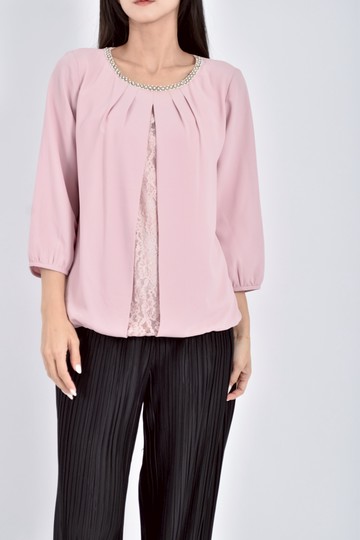 (M) ginkoo質感珍珠蕾絲粉色長袖上衣