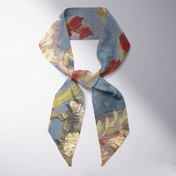 【JC Collection】油畫法式絲巾髮帶綁包裝飾細窄長條領巾(鳳凰花、田園綠意、蔦尾花)