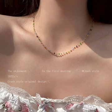 極細彩色水晶串珠項鏈女夏季年新款choker頸鏈配飾ins鎖骨鏈