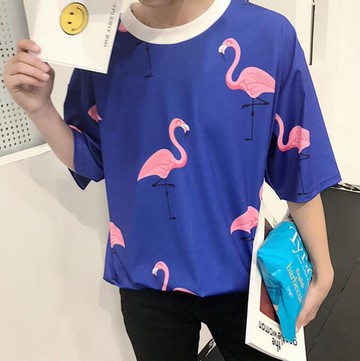 FINDSENSE品牌 男 時尚 街頭 潮 卡通 鶴圖案印花 落肩袖 寬鬆 短袖T恤 特色短T