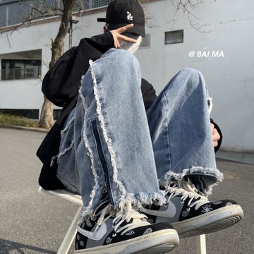 毛邊拉鏈開叉牛仔褲男潮牌ins美式高街vibe設計感直筒寬松闊腿褲