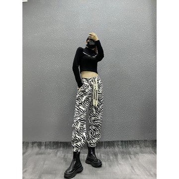 潮牌帥氣斑馬紋運動休閑褲女秋新款高腰寬松顯瘦直筒百搭束腳衛褲