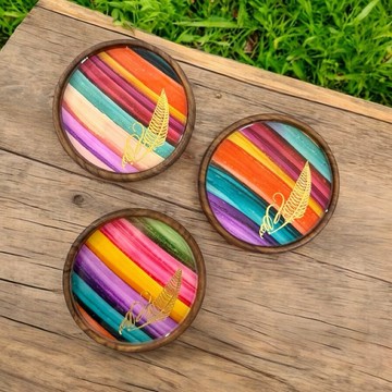 酒精墨水藝術優質胡桃木杯墊 - 羽毛